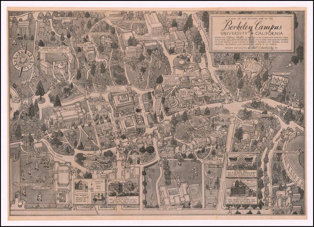 A More or Less Accurate Map of the Berkeley Campus University of California, Devised for California Monthly, In the Year of the Golden Gate International Exposition, 1939, with the purpose of calling to mind once again the features of Alma Mater, Giving a