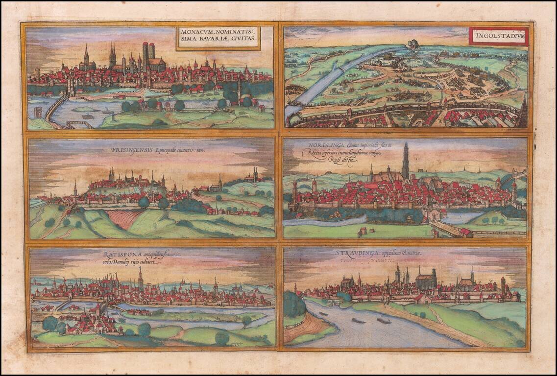 [Munich, Regensburg, Ingolstadt, Nordlinga etc.]   Monacum, Nominatissima Bavariae Civita (with) Ingolstadium (with) Nordlinga (with) Frisingensis (with) Ratispona (with) Straubinga
