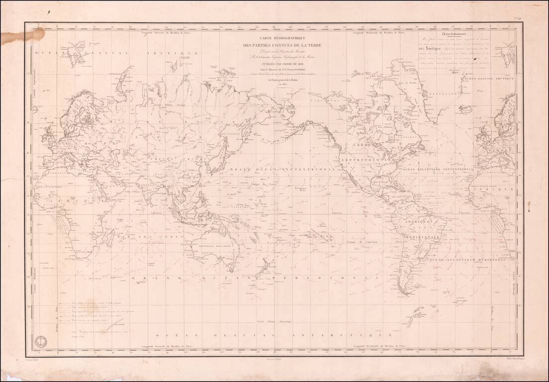 [From the Library of Captain Louis Freycinet]  Carte Hydrographique Des Partes Connues De La Terre Dressee sur la Projection de Mercator, Poar C.LO. Gressier , Ingenieur Hydrographe de la Marine . . . 1835 (with extensive manuscript annotations)