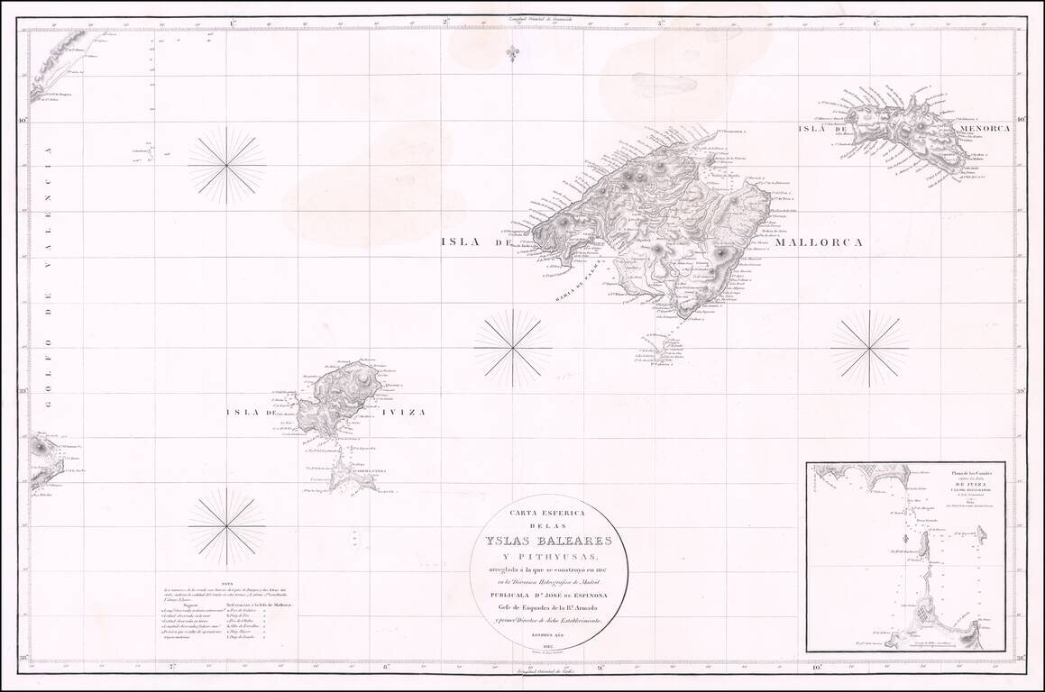 Carta Esferica de Las Yslas Baleares y Pithyusas, arreglada a la que se construyo en 1807 en la Direccion Hydrographica de Madrid.  Publicala Dn.  Jose de Espinosa Gefe de Esquadra de la Rl. Armada y primer Director de dicho Establecimiento Londres Año 18