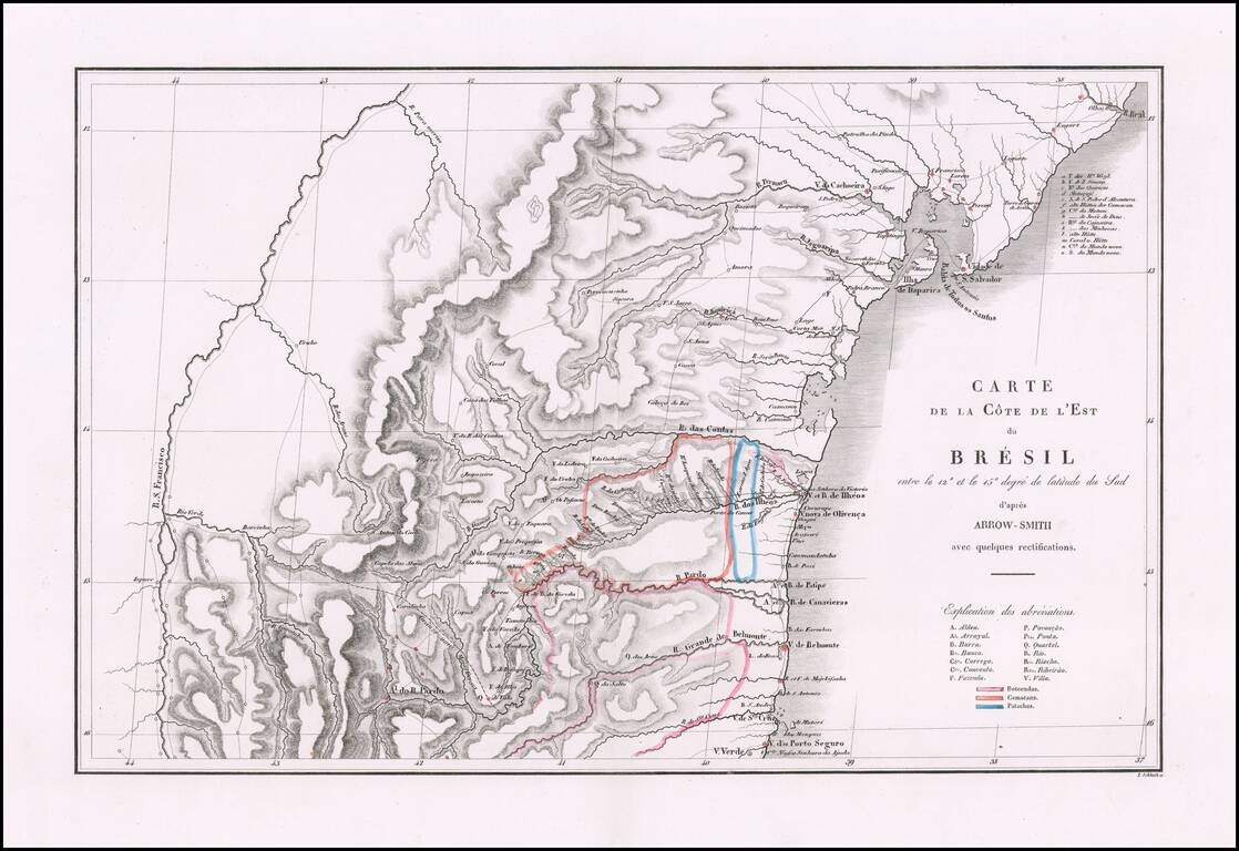 Carte de la Cote de l'Est du Bresil entre le 12º et le 15º degré de latitude du Sud d'apres Arrow-Smith avec quelques rectifications.