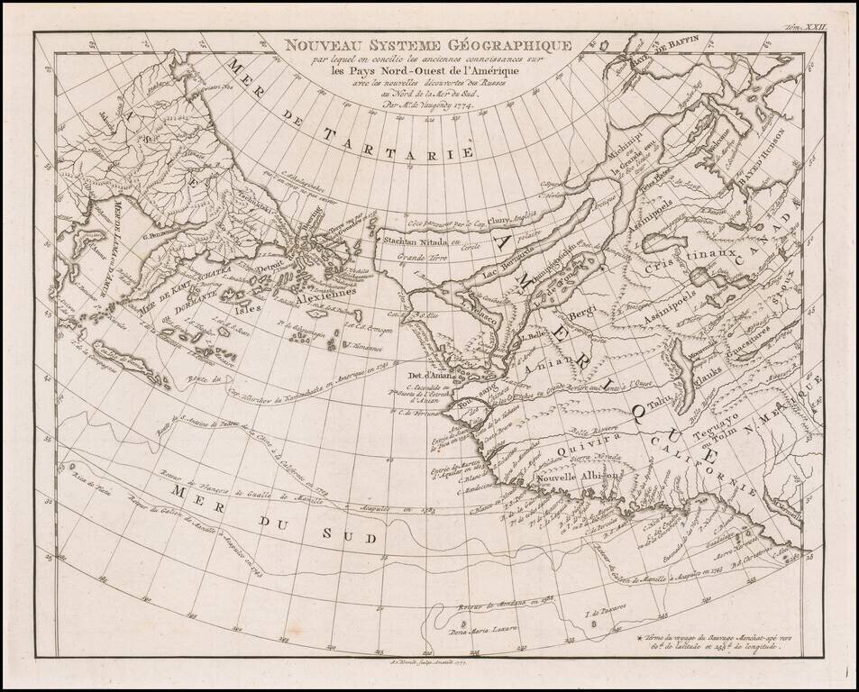 Nouveau Systeme Geographique par lequel on concilie les anciennes connoissances sur les Pays nord-ouest de l'Amerique avec les nouvelles decouvertes des Russes au nord de la Mer du sud.  Par Mr. de Vaugondy.  1774.