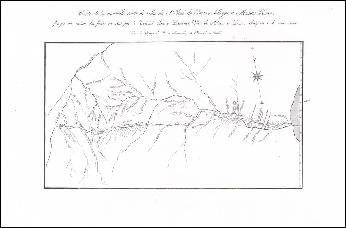 Carte de la nouvelle route de villa de St. Jose do Porto Allegre a Minas Novas fayee au  milieu des forets en 1816 par le Colonel Bento Lourenco Vaz de Abreu e Lima, Inspecteur de cette route.