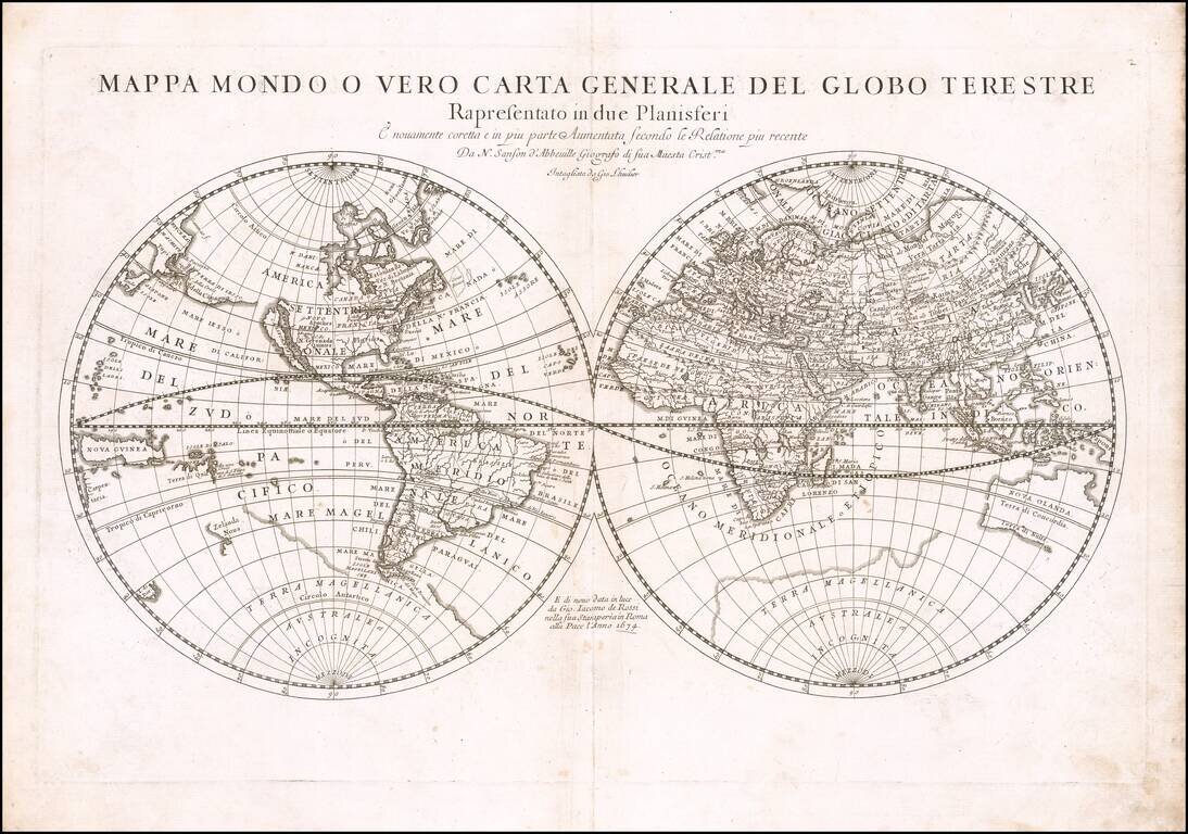 Mappa Mondo, o Vero Carta Generale Del Globo Terrestre Rapresentato in due Planisferi e novamente coretta e in piu parte Aumentts Secondo le Relatione piu recente . . . 1674