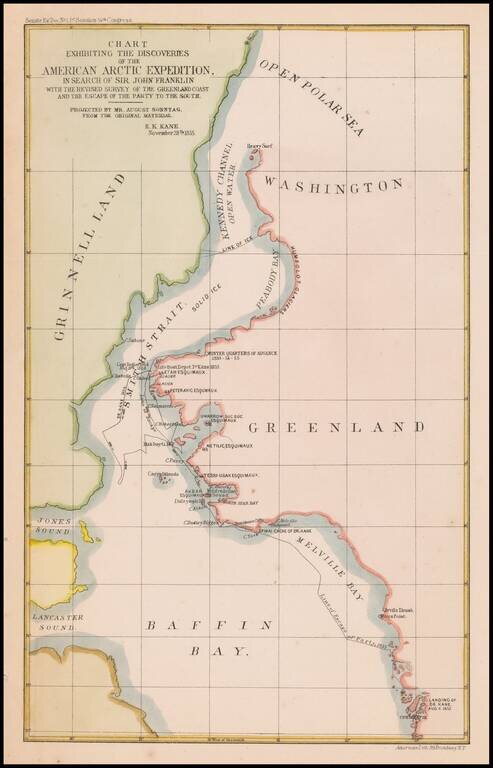 Chart Exhibiting The Discoveries of the American Arctic Expedition, In Search of John Franklin With The Revised Survey of theGreenland Coast and the Escape of the Party To the South.  Projected by Mr. August Sonntag, From the Original Material.  E. K. Kan
