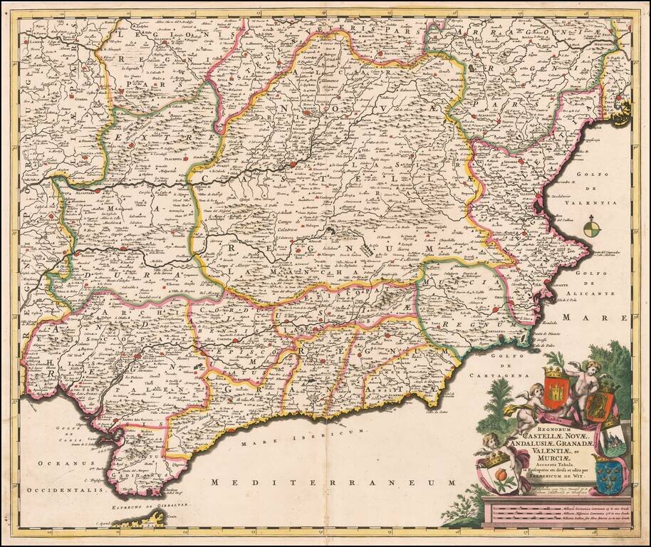 Regnorum Castellae, Novae, Andalujsae, Granadae, Valentae, et Murciae Accurata Tabula, in Episcopatus etc. divisa edita par Fredericum De Wit…