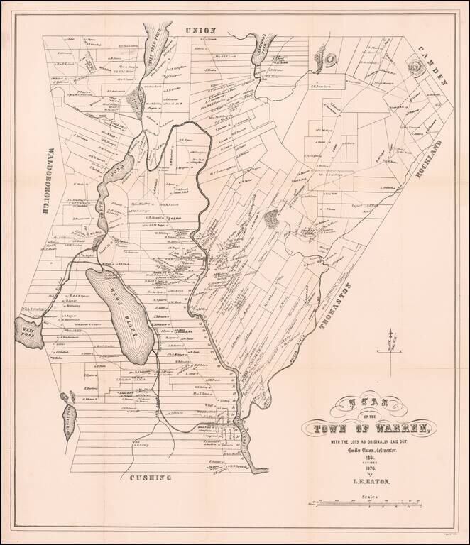 Plan of the Town of Warren with the Lots as Originally Laid Out.  Emily Eaton, Delineator.  1851, Revised 1876, by L. E. Eaton.