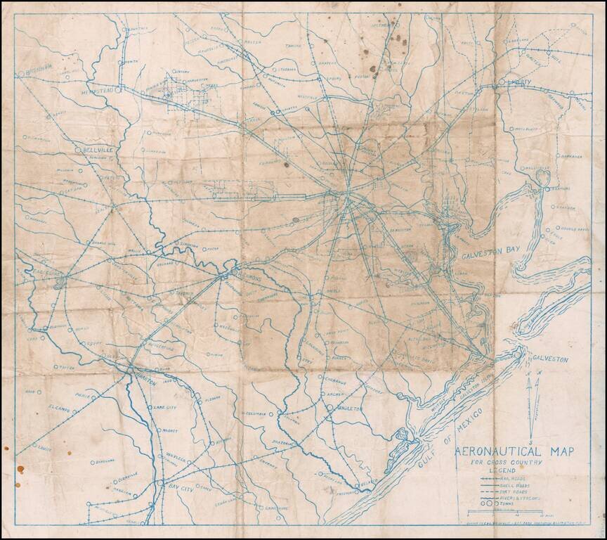 [Early Texas Aeronautical Navigation Map]  Aeronautical Map For Cross Country . . Drawn by Cpl. V.G. Smylie Aero Squadron, Ellington Field