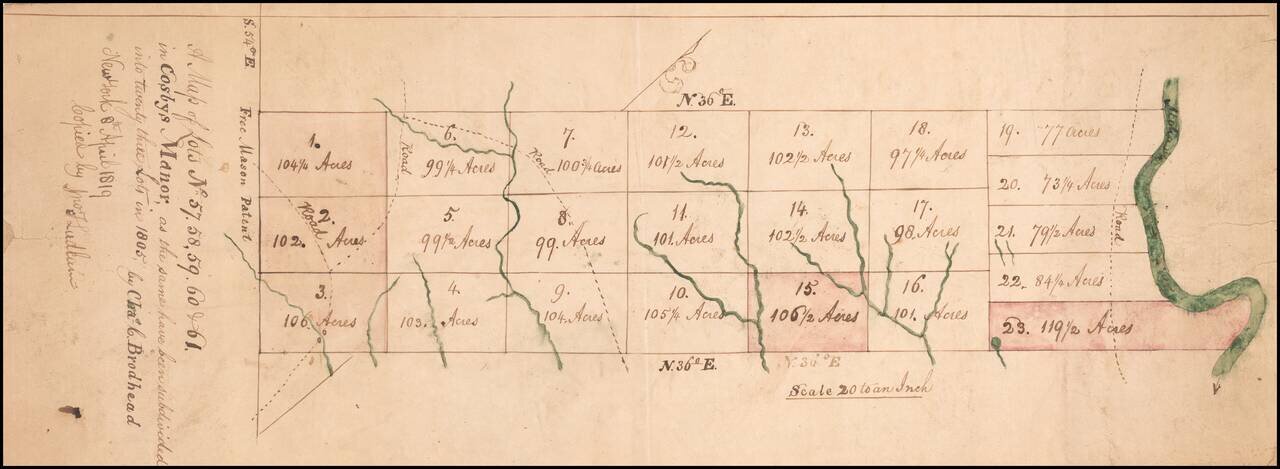 [Mohawk River, New York] (Two manuscript maps of Cosbys Manor, Mohawk River, with other documents related to the same.)
