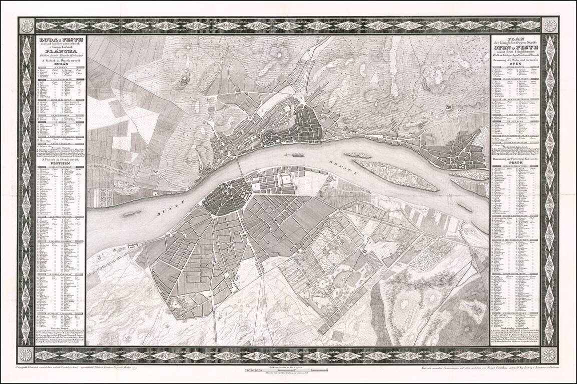 [Budapest]  Buda s Pesth szabad kiralyi varosoknak s kornyekeiknek Planuma Pesthen, kiada Tomala Ferdinand A Piatzok es Utszak neveik Budan  |  Plan der koniglichen freyen Staedte Ofen u: Pesth sammt ihren Umgebungen.  Pesth im Verlage bey Ferdinand Tomal