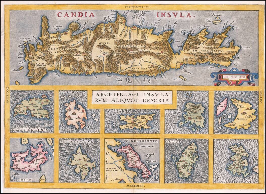 Archipelagi Insularum Aliquot Descrip. [Crete, Metellino, Cerigo, Scarpanto, Nicsia, Santorini, Milo, Stalimene, Negroponte, Rodus and Scio]