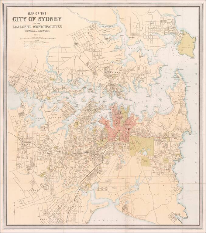 Map of The City of Sydney and the Adjacent Municipalities from Ordnance and Actual Surveys.  1890.