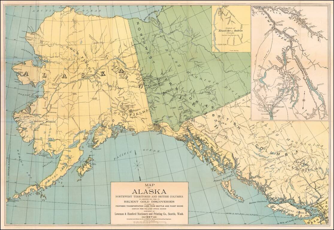 Map of Alaska Northwest Territories and British Columbia showing all the Recent Gold Discoveries also Proposed Transportation Lines From Seattle and Puget Sound Compiled From The Latest Official Sources Published By Lowman & Hanford Stationary and Printin