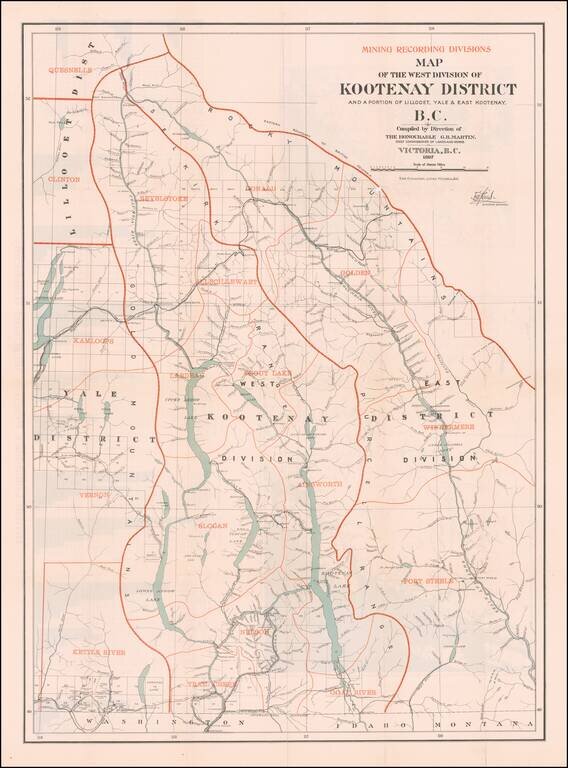 Map of the West Division of Kootenay District and a portion of Lillooet, Yale & East Kootenay, B. C.  Compiled by Direction of The Honourable G.B. Martin Chief Commissioner of Lands and Works  . . . 1897 (with) Map of the Klondyke, Cassiar, Omineca and Ca