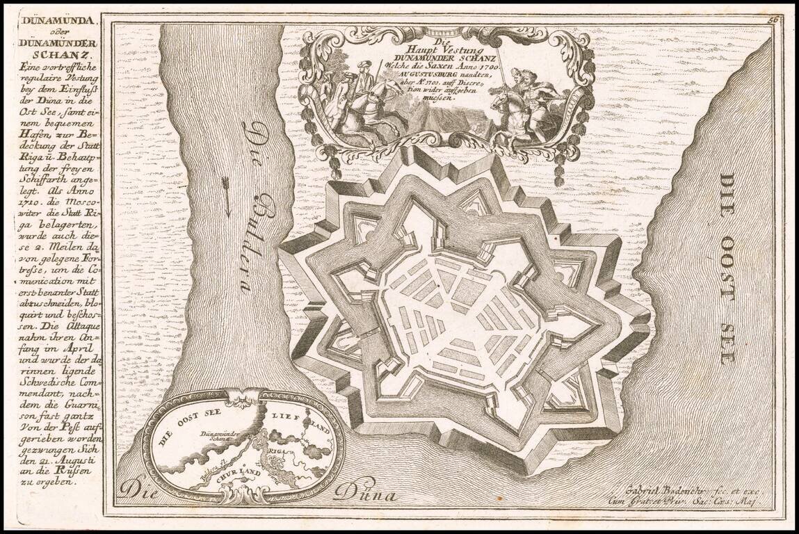 [Daugavgriva] Die Haupt Vestung Dunamunder Schanz Welche die Saxen Anno 1700.  Augustusburg nandten, aber Ao. 1701.  auff Discretion wider auffgeben miessen.