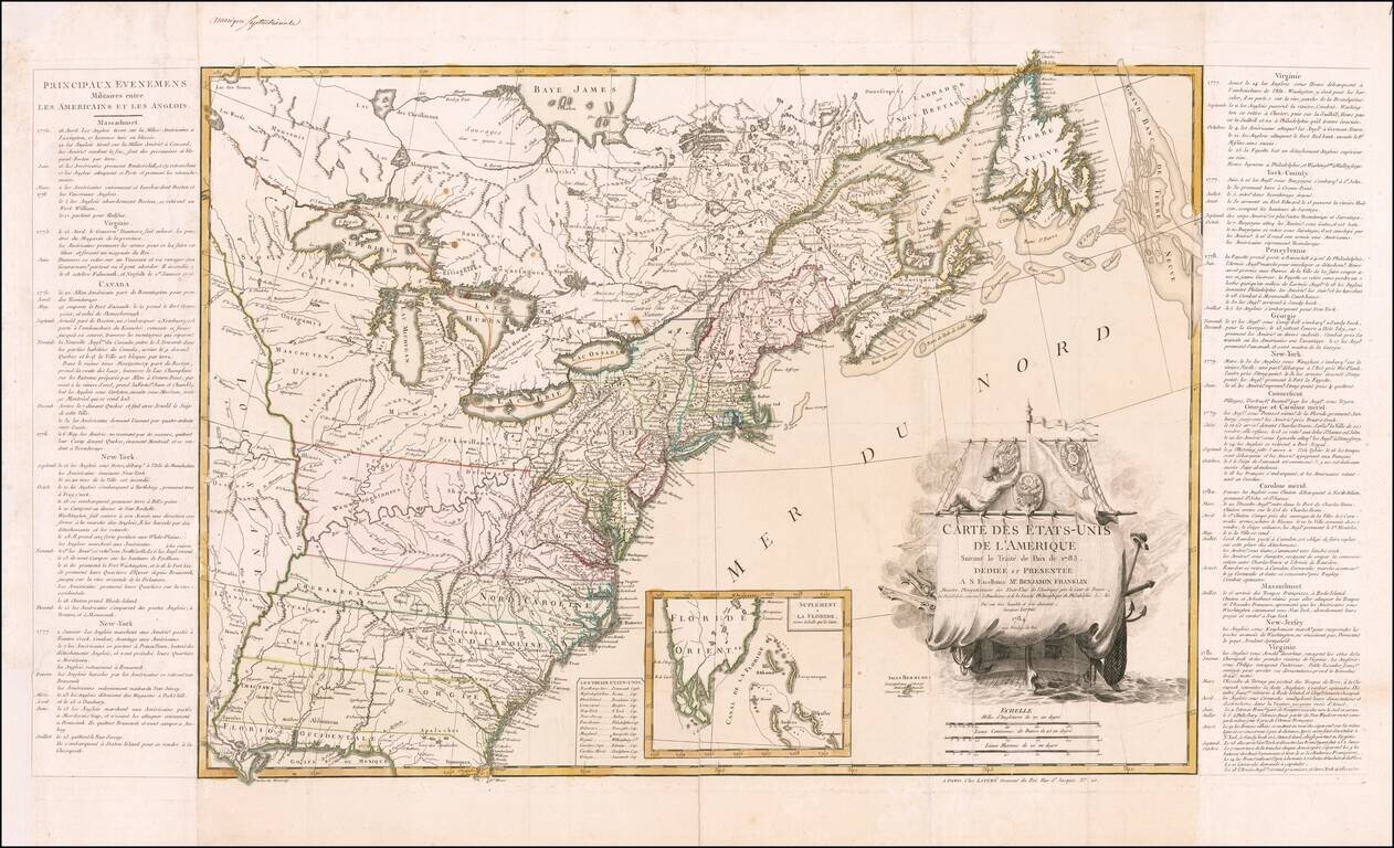 Carte Des Etats-Unis De L'Amerique Suivant le Traite de Paix de 1783. Dediee et Presentee A.S. Excellence M. Benjamin Franklin Ministre Pleinipotentaire des Etats-Unis. . . Ancien President de la Pensilvanie et de la Societe Philosophique de Philadelphie 