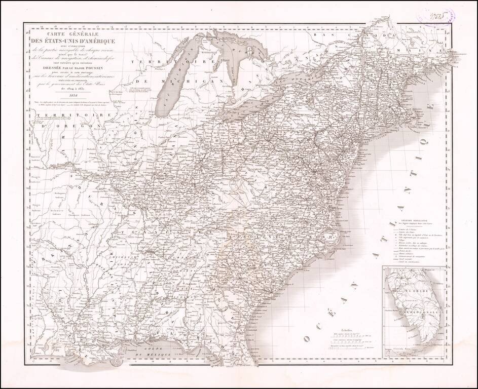 Carte Generale des Etats-Unis D'Amerique avec L'Indication de la partie navigable de la chaque riviere ansi que la trace des Canaux de navigation, et chemin de fers tante executes qe'en execution Dressee par le Major Poussin . . . 1834