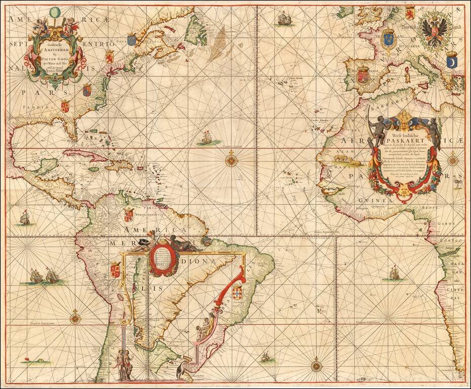 [Wall Map] West-Indische Paskaert waer in de graden der breedde over weder zyden vande middelyn wassende so vergrooten dat die geproportioneert syn tegen hunne nevenstaende graden de lengde.