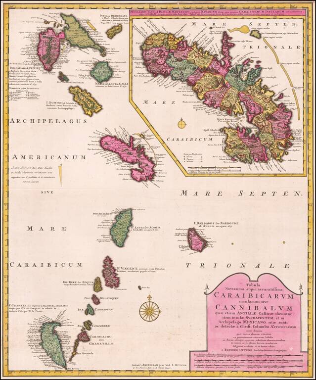 [Heightened in Gold]  Tabula Novissima atque Accuratissima Caraibicarum Insularum sive Cannibalum quae etiam Antille Gallicae Dicuntur Item Insulae  Supraventum, et in Archipelago Mexicano