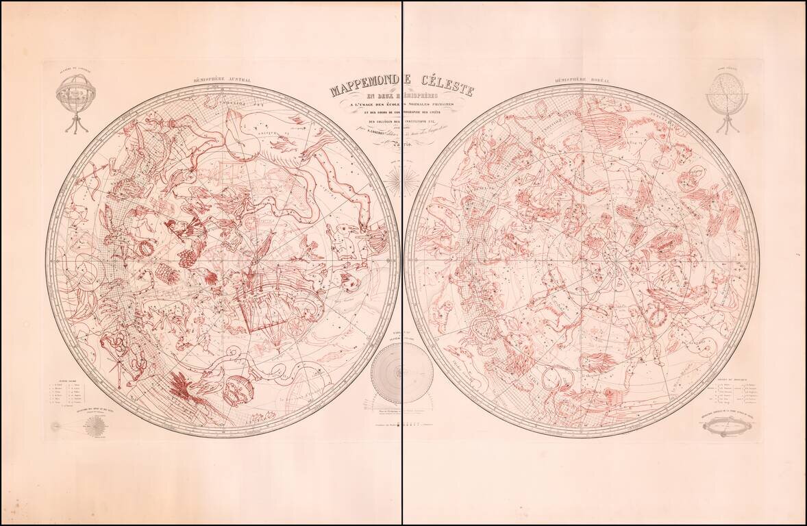 Mappemonde Celeste en Deux Hemispheres A L'Usage Des Ecoles Normales Primaires et des cours cosmographie des lycees des colleges des institutions etc. . . .