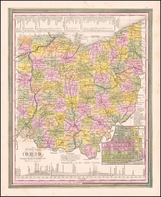 A New Map of Ohio with its Canals, Roads & Distances by H.S. Tanner