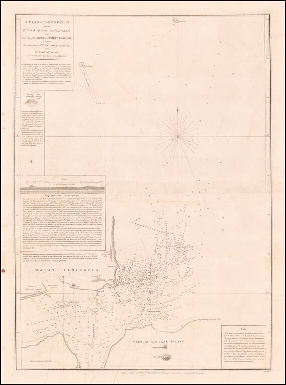 A Plan of the Soundings from Pulo Aor to the Southward and outside of the Reef off Point Romania towards the entrance of Sincapour Strait. with the Land adjacent and the relative positions of the Hills, &c. . . . 1818