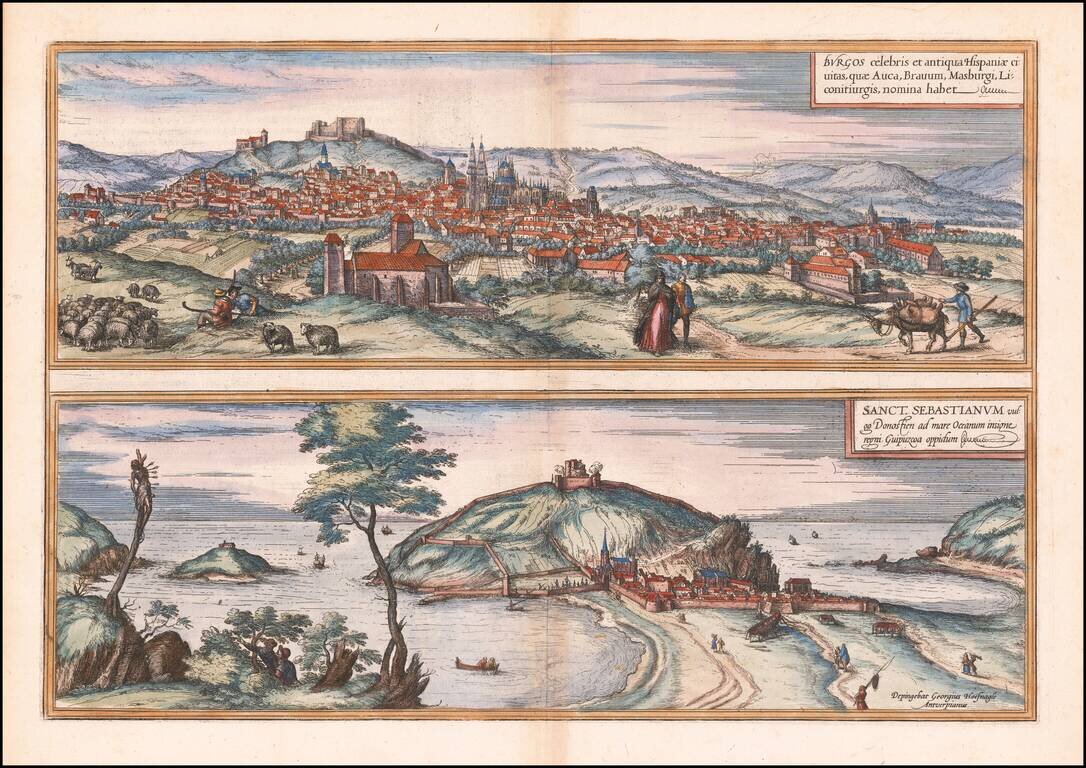 Burgos celebris et antiqua Hispaniae civiatas, quae Auca, Bravum, Masburgi, Liconiturgis habet   [with]  Sanct. Sebastianum vulgo Donostien ad mare Oceanum insigne regni Guipuzcoa oppidum