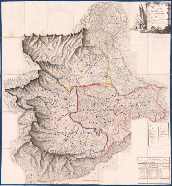 Carte Choroghique des 6 départemens du piémont formant la 29ime. division militaire territoriale. Ou Se trouve repartie la 28ime. Légion de gendarmerie nationale composée de 3[?] cadrons, 6 compagnies 18. Lieutenance[?] et 126 Brigades dont 63 apied, et 6