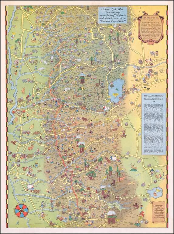 (Tahoe & Gold Country)  Mother Lode Map incorporating mother lodes of California and Nevada, scenes of the Romantic Days of Gold.