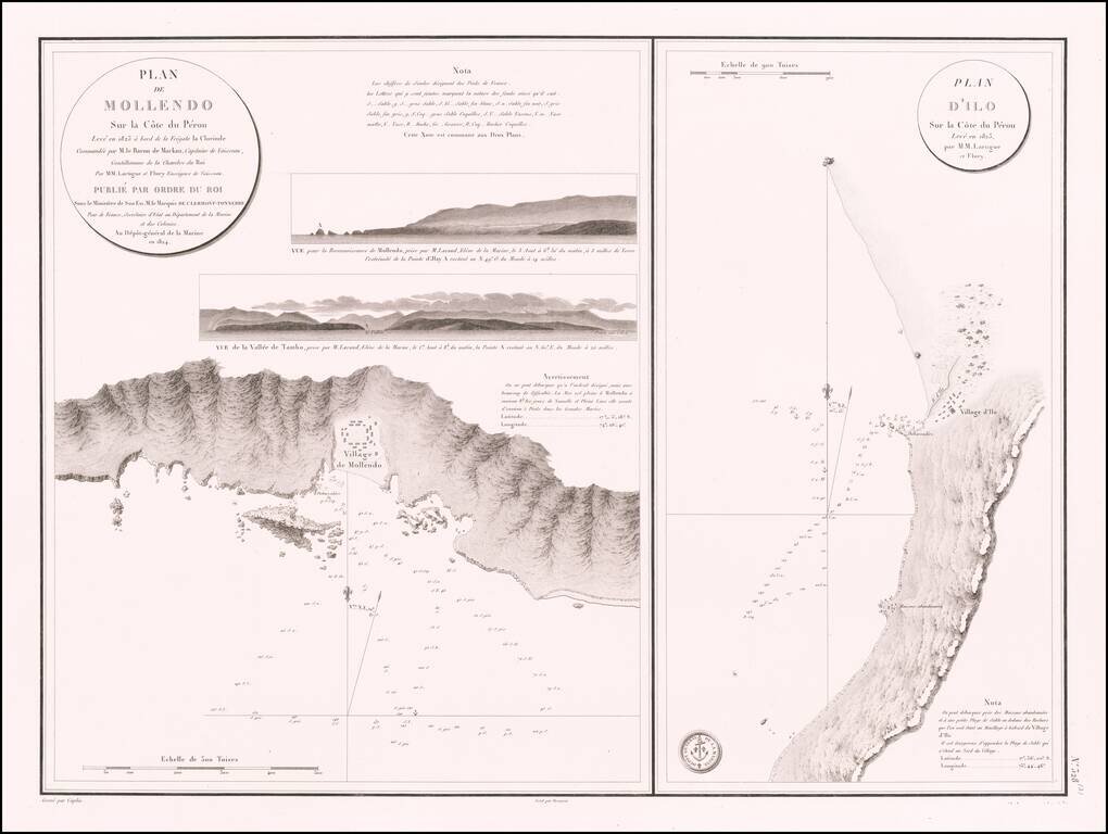 Plan de Mollendo Surla Cote du Perou Levee en 1823 a bord de la Frigate la Clorinde Commandee par M. le Baron de Mackau . . . 1824 (and)  Plan D'Ilo