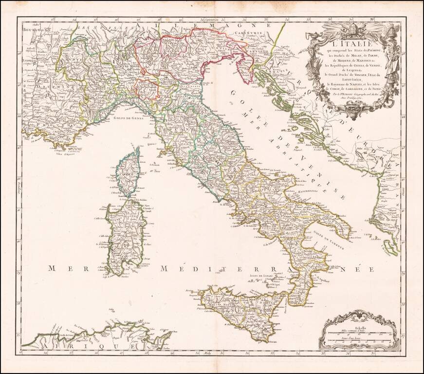 L'Italie qui comprend les Etats de Piemont, les Duches de Milan, de Parme, de Modene, de Mantoue &c.  les Republiques de Genes, de Veinse, de Luques &c.  le Grande Duche de Toscane, l'Etate du Saint-Siege, le Royaume de Naples, et les Isles de Corse, de S