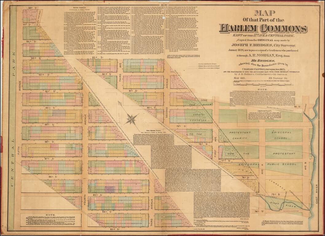 Map Of that Part of the Harlem Commons East of the 5th Ave & Central Park. Copied from the Original map made by Joseph F. Bridges, City Surveyor, January 1826, now in possession of a Gentleman who purchased it through A. R. Morgan.