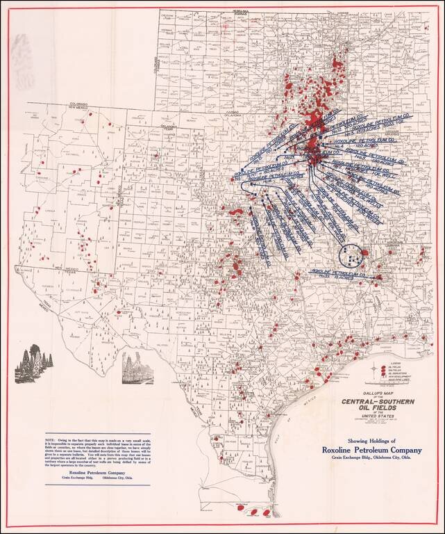 Gallup's Map of the Central-Southern Oil Fields of the United States | Showing Holdings of Roxoline Petroleum Company, Grain Exchange Bldg., Oklahoma City, Okla.