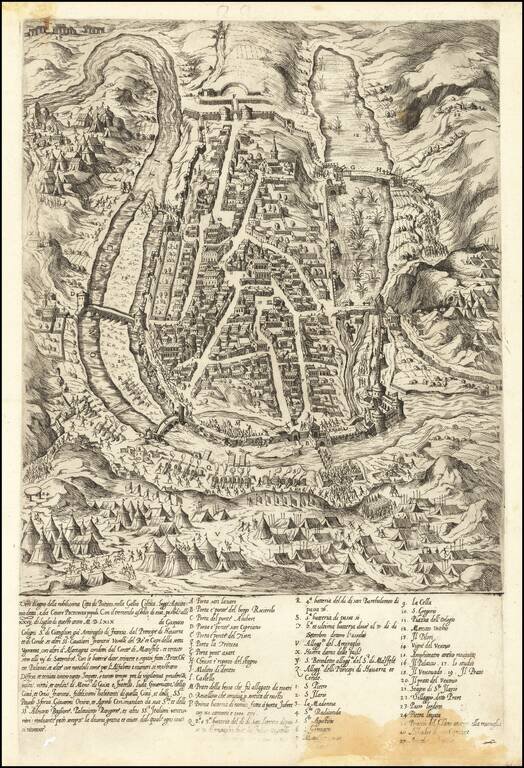 [Siege of Poitiers]  Vero disegno della nobilissima Citta di Poitiers, nella Gallia Celtica, Soggi Aquitania detta, e, da Ceare Pictones Populi.  Con il tremendo assedio de essa, postolio alli xxvij, di Luglio di questo anno M.D. Lxix da GAsparo Coligni S