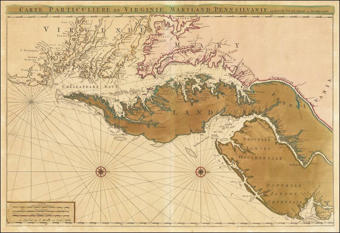 Carte Particuliere de Virginie, Maryland, Pennsilvanie, La Nouvelle Jarsey. Orient et Occidentale [Heighten in Gold!]