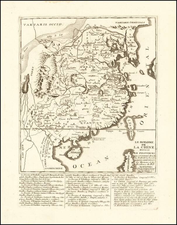Le Royaume de La Chine Divisee en provinces ou sont marque d'une + les Endroits ou il y a des Eglises Chretiennes des Misions et des Residences des R.P. Jesuites . . .