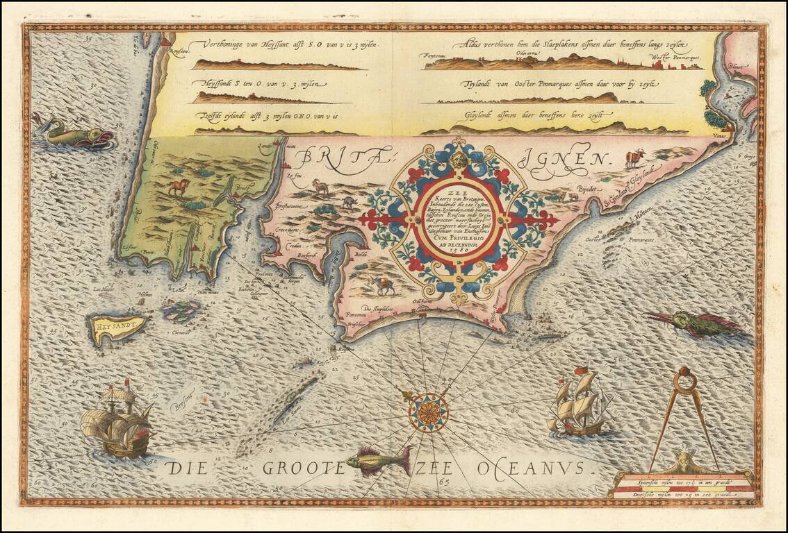 Zee Kaerte van Bretaigne, Inhoudende die zee custen, Bayen, Eylanden, ende havenen, tusschen Rousscou ende Groye, met grooter neer Sticheyt gecorrigeert door Lucas Ians Waghenaer van Enchuysen Cum Privilegio ad Decennium 1580