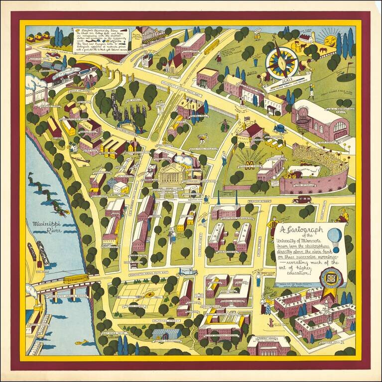 A Cartograph of the University of Minnesota drawn from the stratosphere directly above the river bank on three successive mornings -- revealing much of the art of high education!