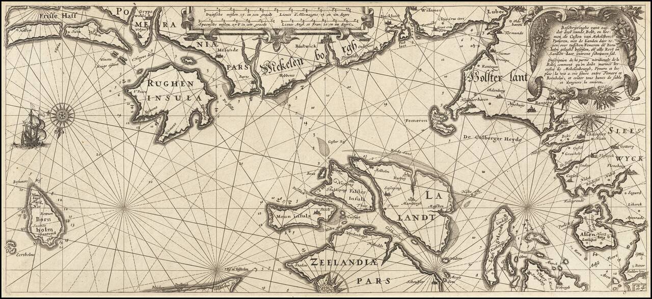 [Mecklenburg-Vorpommern, Rugen, Bornholm, Lubeck,  Sonnderborg,Svendborg, Zealand]   Beschrijvinghe vant zuijder deel vande Belt, en hoemen de Custen van Mekeleborch Pomeren, met de Lande daer tegen over tusschen emeren en Bornholm geleghe besijlen en all