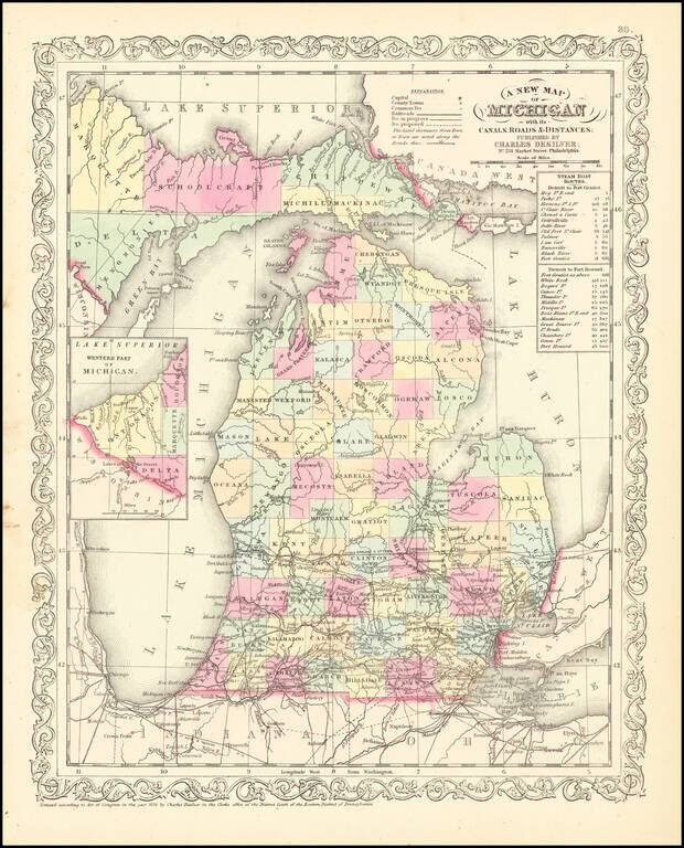 A New Map Of Michigan with its Canals, Roads & Distances