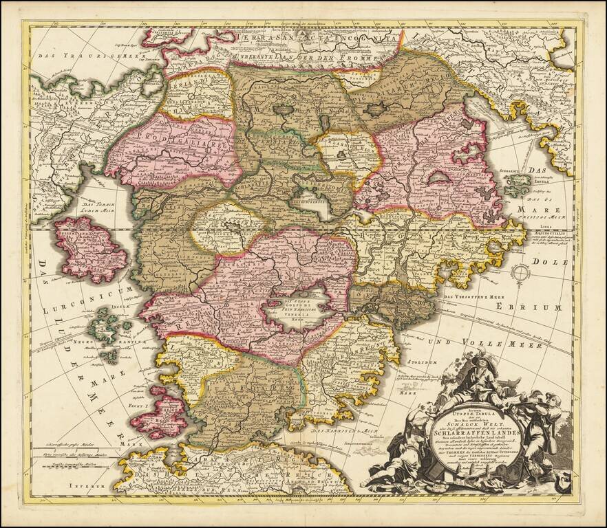 (Utopia)  Accurata Utopiae Tabula das ist der Neu entdeckten Schalck-Welt oder des so offt benanten, und doch nie erkanten chlarraffenlandes. . .