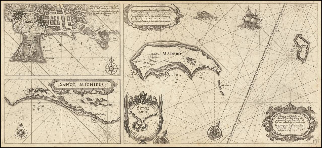 [Angra - Madera - Porto Santo - Sao Miguel]  Pascaarte vande Eijlanden van Madera en Port Sancto, vertoonende degelegentheijt vande Reede aldaer en hoese van malcanderen zijn gheleghen . . .