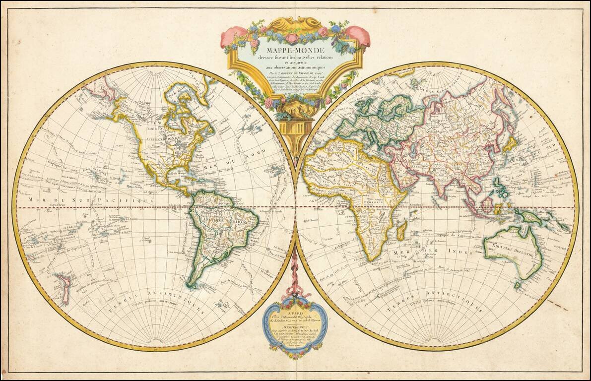 Mappe-Monde dressee suivant les nouvelles relations et assujettie aux observations astronomiques . . . Corrigee et augementee des decouvertes du Cap. Cook, de ses trois Voyages de celles de la Perouse, en 1801 de Vancouver, de MacKenzie in 1802 . . . An X