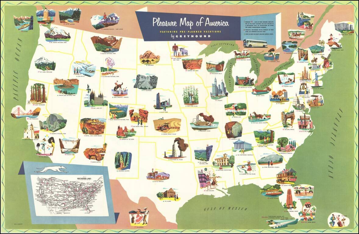 Pleasure Map of America Featuring Pre-Planned Vacations by Greyhound