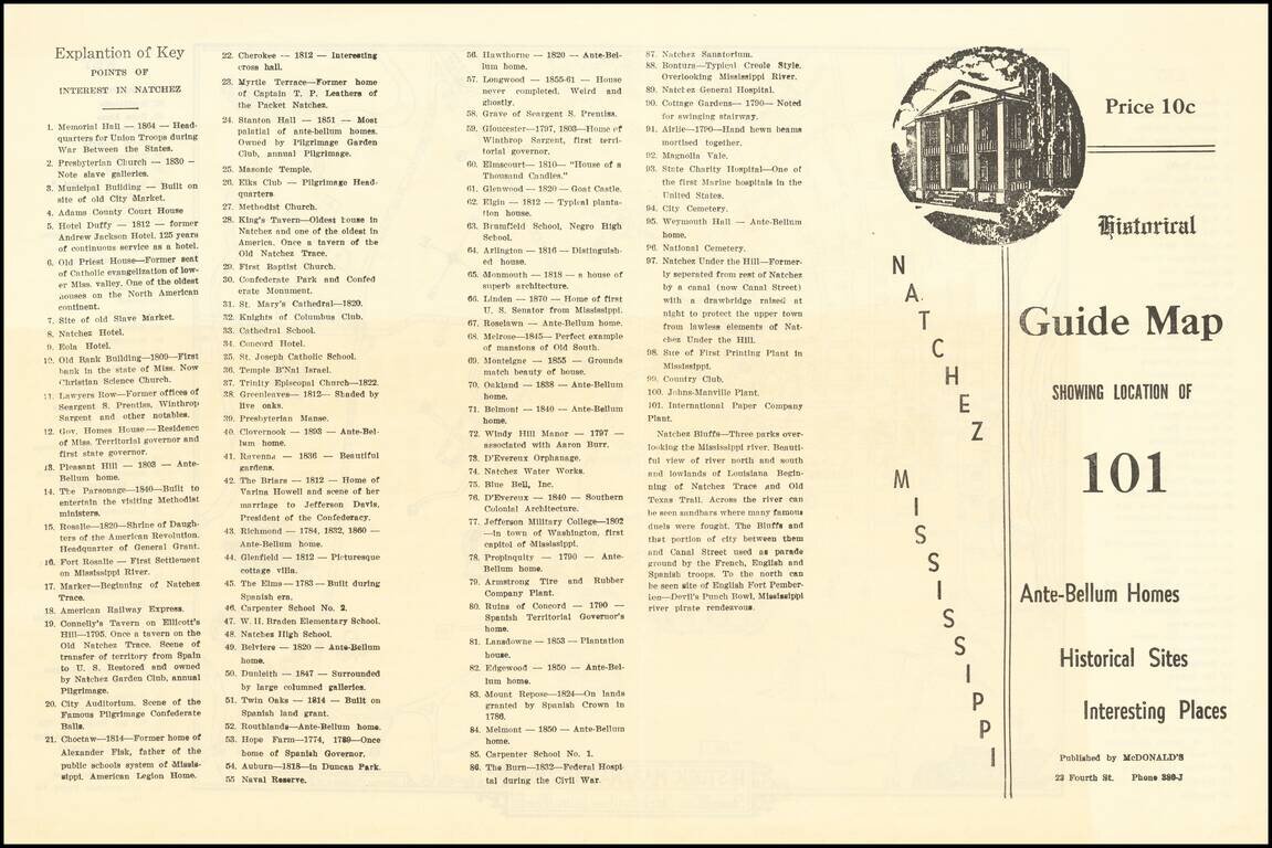 Historic Map of Natchez, Miss. Showing 101 Sites of Ante-Bellum Homes, Historical Places, Etc.