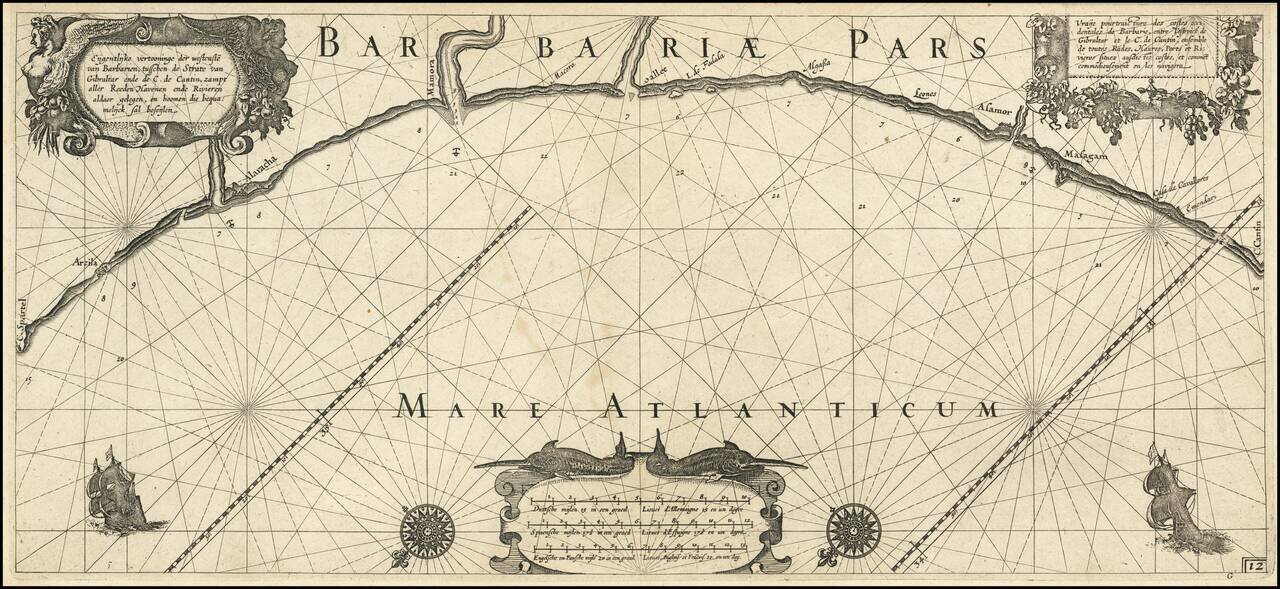 [Morocco Coast -- Tangiers to El Beddouza]  Eijgentlijke vertooninge der westcuste van Barbarien, tusschen de Strate van Gibraltar ende de C: de Cantin, zampt aller Reeden Havenen ende Rivieren aldaer gelegen, en hoemen die bequamelijck sal besijlen