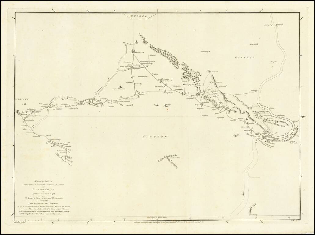 Map of the Route From Ongole to Innaconda and Bellus Conda in the Guntoor Circar in September and October 1888 and The Roads to Chintapilly and Mootailly Surveyed by Colin Mackenzie, Practr. Engineer.