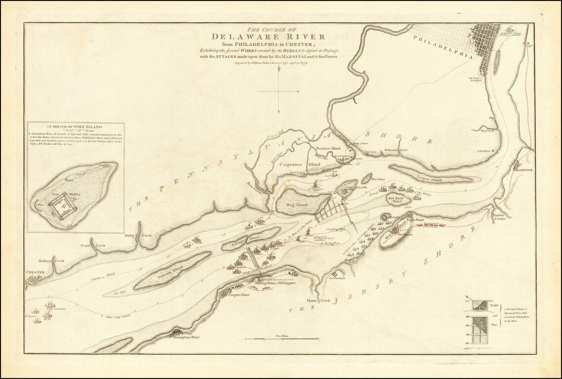 [Revolutionary War Battle Plan]  The Course of Delaware River from Philadelphia to Chester, Exhibiting the several Works erected by the Rebels to defend its Passage, with the Attacks made upon them by is Majesty's Land & Sea Forces . . . 1778