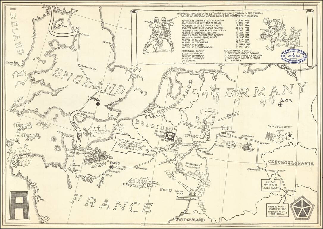 (Second World War - Triumphal Map) Operational Movement of the 575th Motor Ambulance Company in the European Theatre of Operations Showing Routes and Command Post Locations