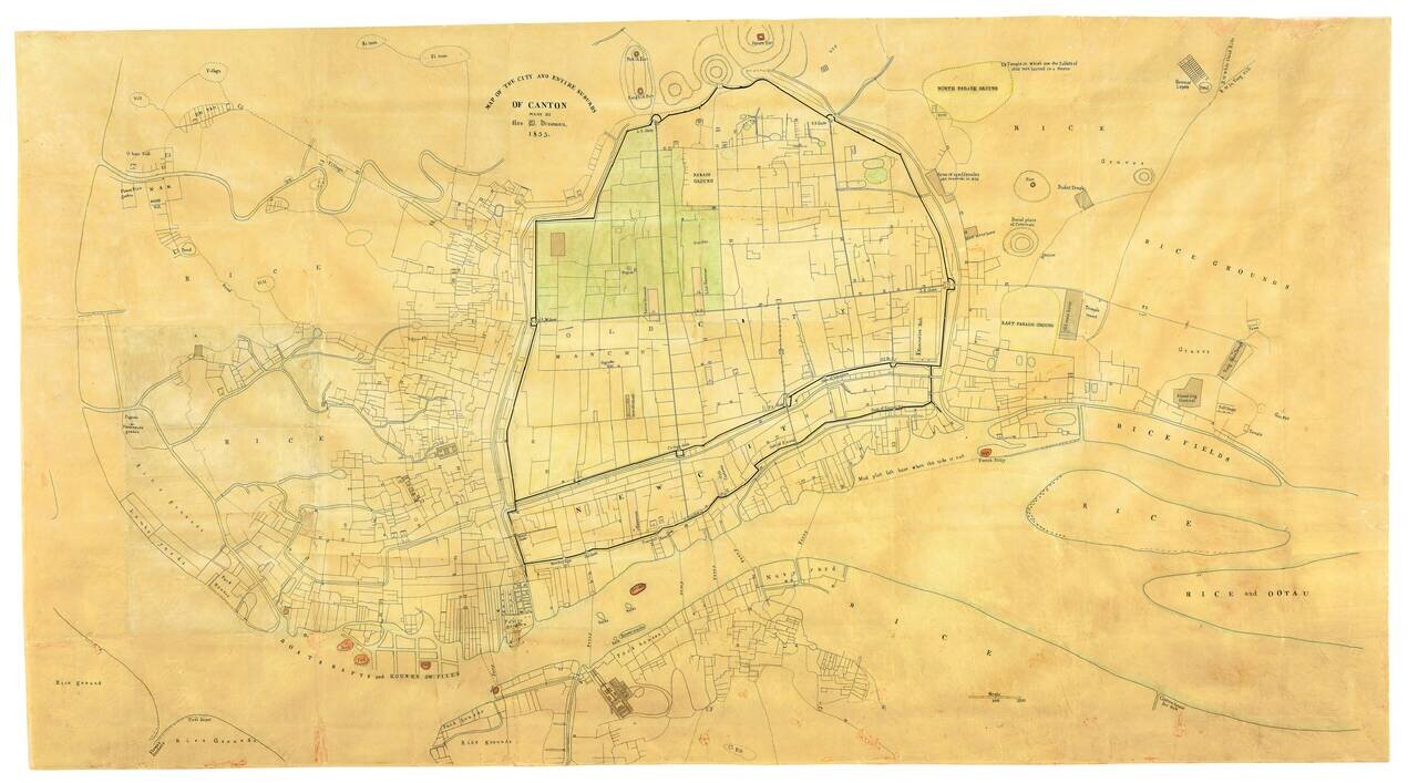 (Guangzhou)  Map of the City and Entire Suburbs of Canton.  Made By Rev. D. Vrooman.  1855.